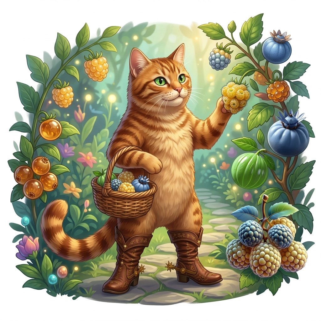 A ginger tabby cat in cowboy boots stands upright in a glowing berry garden, holding a basket of berries.