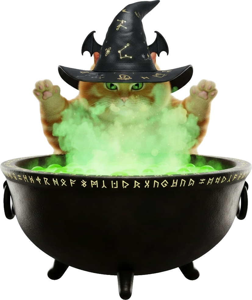 A ginger cat in a witch hat raises both paws behind a black runic cauldron full of green bubbling potion.