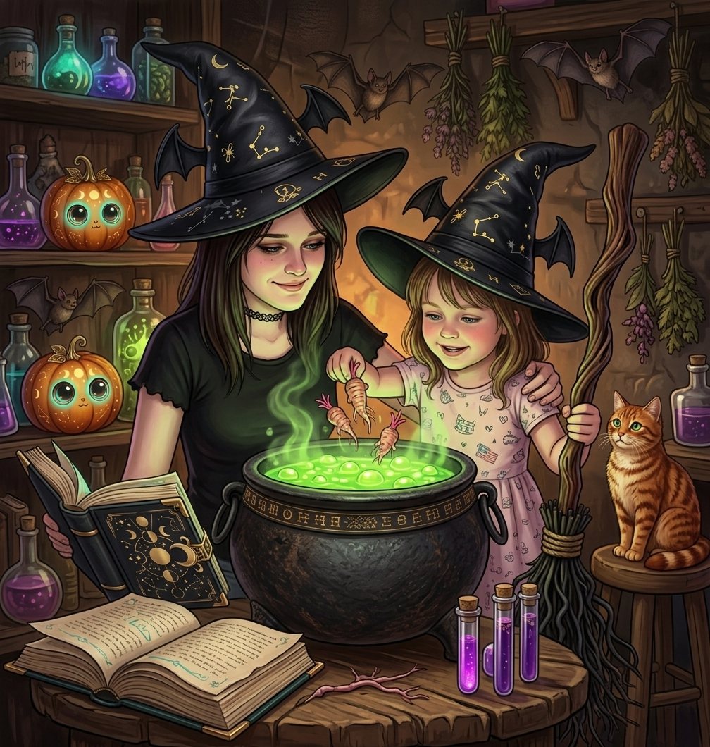A young witch and a little girl in matching hats stir a green potion together while a ginger cat watches.